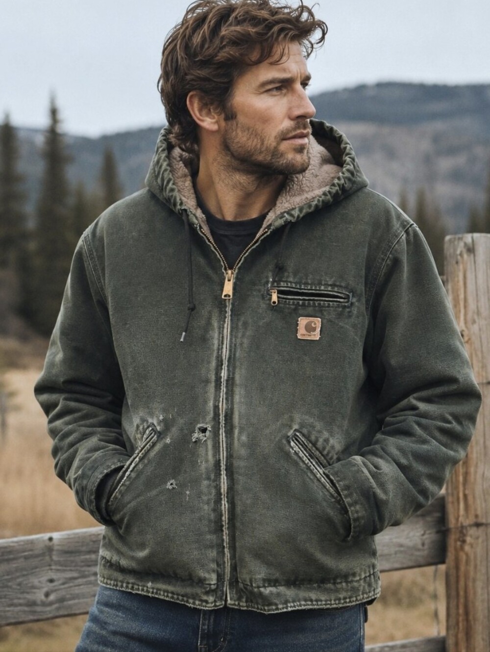 Vtg Carhartt J141 Sandstone Sierra Jacket Sherpa Lined Green Canvas Men's Sz L